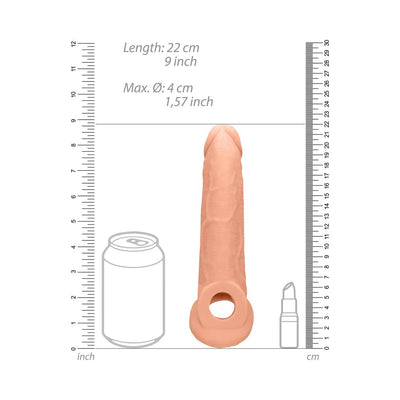 Realistic 9-inch penis extender with rings shown next to rulers, soda can, and lipstick for size comparison.