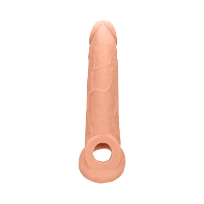 Realistic 9-inch flesh-toned penis extender with textured surface and integrated ring base.