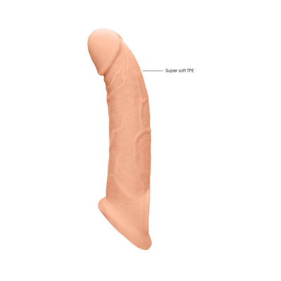 Realistic 9-inch penis extender made of super soft, skin-safe TPE material with detailed texture and rings.