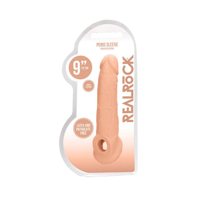 Realistic 9-inch flexible penis extender sleeve with rings, latex and phthalate-free, packaged in clear blister pack.
