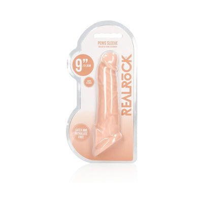 Realistic 9-inch penis extender sleeve in flesh tone, packaged with branding and product details visible.