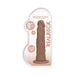 Mocha-colored 9-inch realistic dildo without testicles with suction cup base in clear packaging.