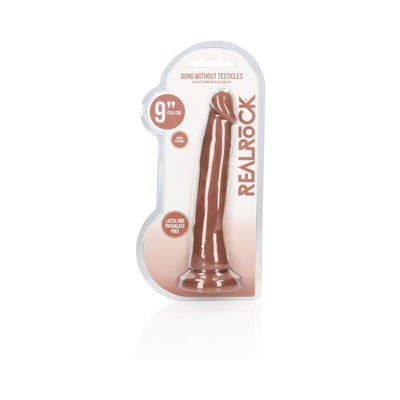 Mocha-colored 9-inch realistic dildo without testicles in clear packaging with suction cup base and product details.
