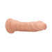 Vanilla-colored realistic dildo with detailed veins and suction cup base, 9 inches long, made from soft body-safe TPE material.