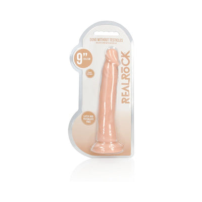 Vanilla-colored 9-inch realistic dildo with suction cup base in clear plastic packaging labeled Real Rock