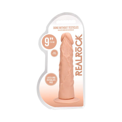 Vanilla-colored 9-inch realistic dildo without testicles with suction cup base in clear packaging.