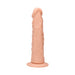 Vanilla-colored realistic dildo with detailed veins and suction cup base, standing upright on a white background.