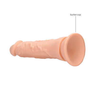 Vanilla-colored realistic dildo with detailed texture and strong suction cup base for hands-free use.
