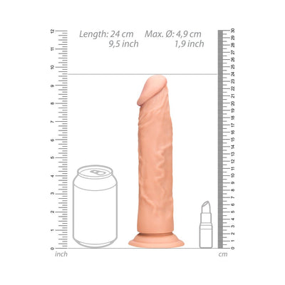 Vanilla-colored realistic dildo with suction base, shown next to a soda can and lipstick for size comparison.
