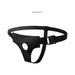 Black adjustable strap-on harness with a front hole and buckle closure, designed for secure and comfortable wear.