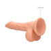 Vanilla-colored realistic dildo with detailed texture, hanging balls, and strong suction cup base for hands-free use.