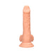 Vanilla-colored realistic dildo with detailed texture and attached balls on a suction cup base.