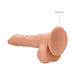 Vanilla-colored realistic dildo with textured shaft, hanging balls, and strong suction cup base on white background.