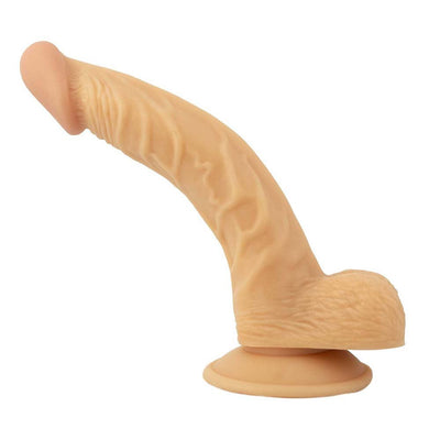 Realistic curved 8-inch flesh-toned dong with textured shaft and suction cup base for hands-free use.