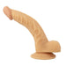Realistic curved 8-inch flesh-toned dong with textured shaft and suction cup base for hands-free use.