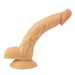 Realistic curved 8-inch beige silicone dong with textured shaft and suction cup base for hands-free use.