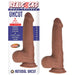 Realcocks 9-inch dual layered uncut brown dildo with lifelike texture and suction cup base shown with packaging.