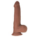 Realistic brown dual-layered uncut dildo with textured veins and suction cup base for hands-free use.