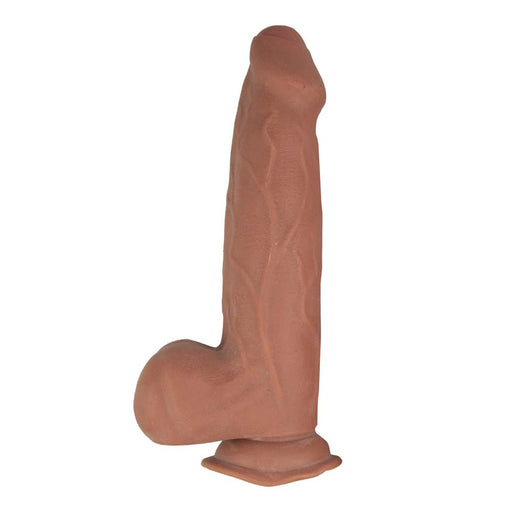Realcocks dual-layered brown dildo with thick shaft and suction cup base, 9.25 inches long, realistic texture and shape.