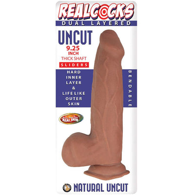 Realcocks Dual Layered Uncut Slider in brown with thick shaft and bendable design, featuring lifelike texture and suction base.