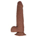 Brown dual-layered realistic dildo with thin tip and suction cup base standing upright on white background.