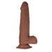 Realcocks dual-layered uncut dildo in brown with thin tip and suction cup base, 8.5 inches long, realistic texture and veins.