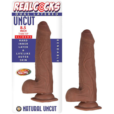 Realcocks dual layered uncut 8.5-inch brown dildo with thin tip and bendable design shown with packaging.