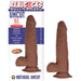 Realcocks dual layered uncut 8.5-inch brown dildo with thin tip and bendable design shown with packaging.