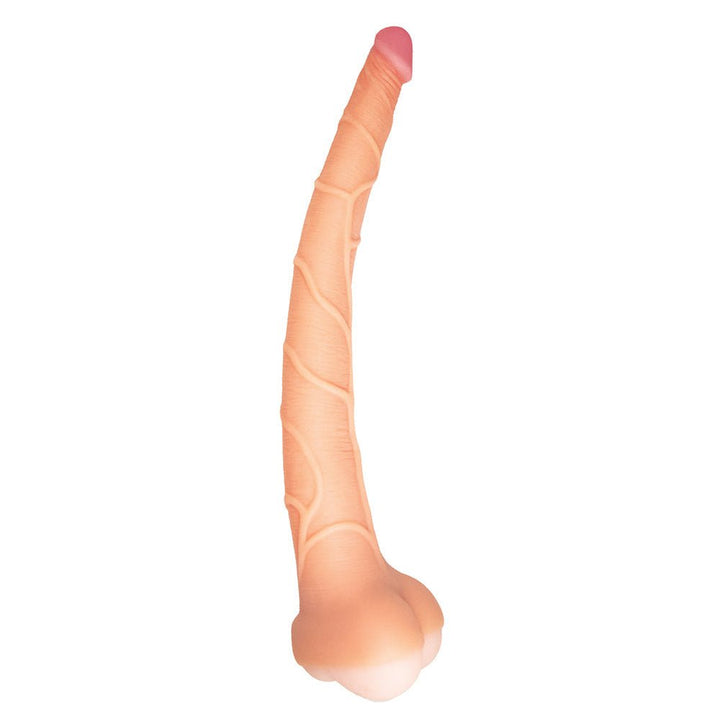 Beige 14-inch flexible realistic dildo with veined texture and rounded base balls on white background.