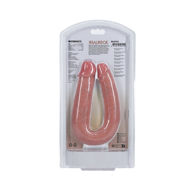 Realrock 7-inch U-shaped double-ended dildo in natural skin tone, packaged in clear plastic display case.