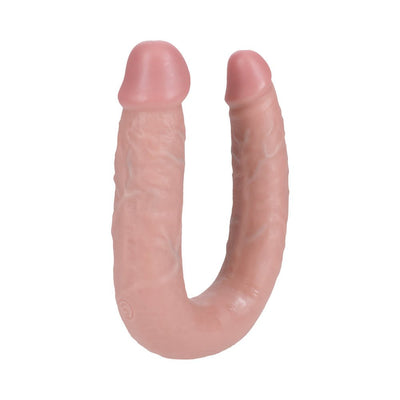 Realrock 7-inch U-shaped double-ended dildo with realistic texture and soft pink tone.