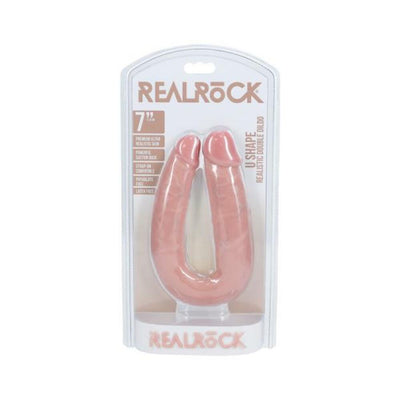 Realrock 7-inch U-shaped double dildo in natural skin tone with realistic texture in clear retail packaging.