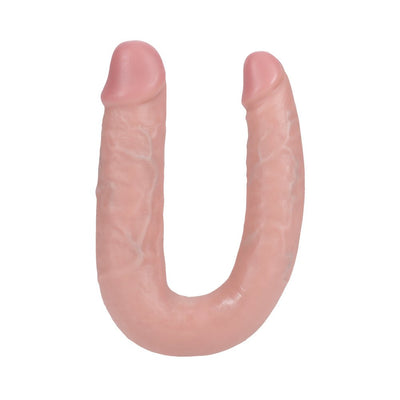 Realrock 7-inch U-shaped double-ended dildo in natural skin tone with realistic texture and veins.