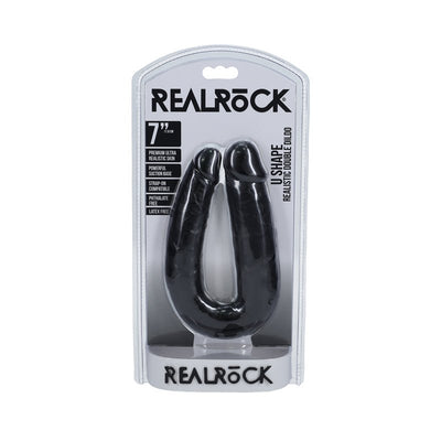 Realrock 7-inch black U-shaped double dildo with suction base in clear retail packaging.