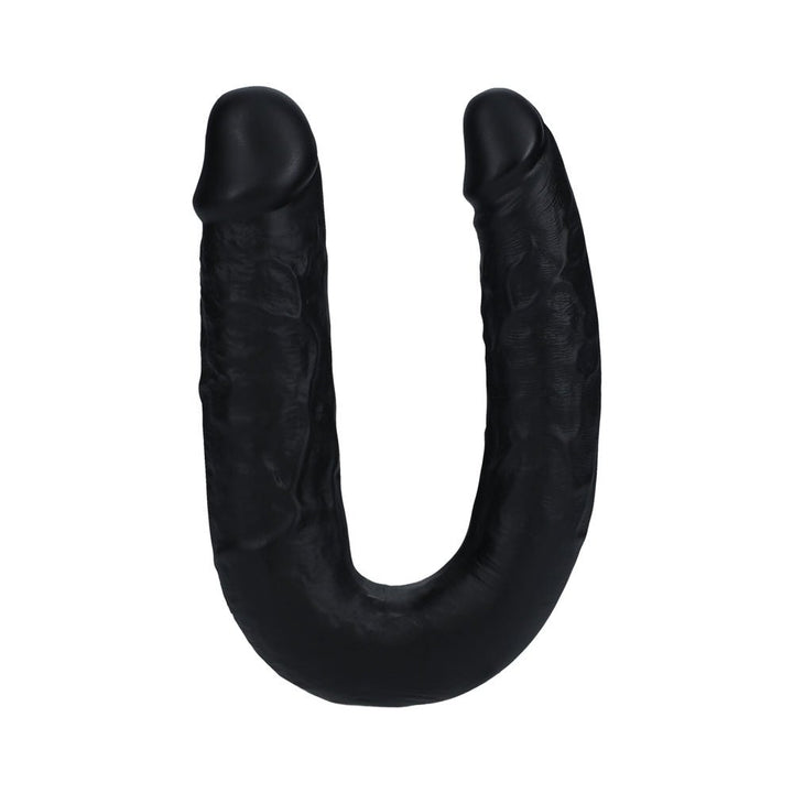 Black U-shaped double-ended dildo with realistic texture and veining, made from flexible, body-safe material.