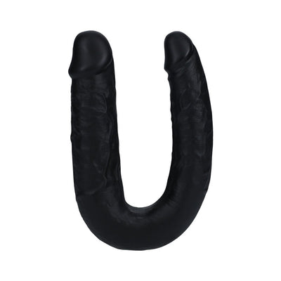 Black U-shaped double-ended dildo with realistic texture and veining, made from flexible, body-safe material.
