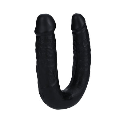 Black U-shaped double-ended dildo with realistic texture and firm design for versatile use.