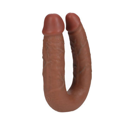 Realrock 7-inch U-shaped double dildo in brown with realistic texture and veining, made of flexible PVC material.