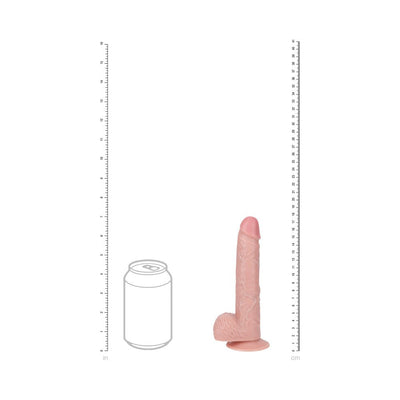 Realistic flesh-toned dildo with veins and suction cup base, shown next to a soda can for size comparison.
