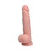 Realistic flesh-tone vibrating dildo with detailed veins, textured balls, and suction cup base for hands-free use.