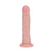 Realrock 8-inch curved vibrating dildo in flesh tone with textured veins and suction cup base for hands-free use.