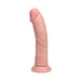 Realistic curved flesh-tone vibrating dildo with suction cup base and detailed veined texture.