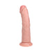 Realistic flesh-toned curved dildo with textured veins and suction cup base for hands-free use.