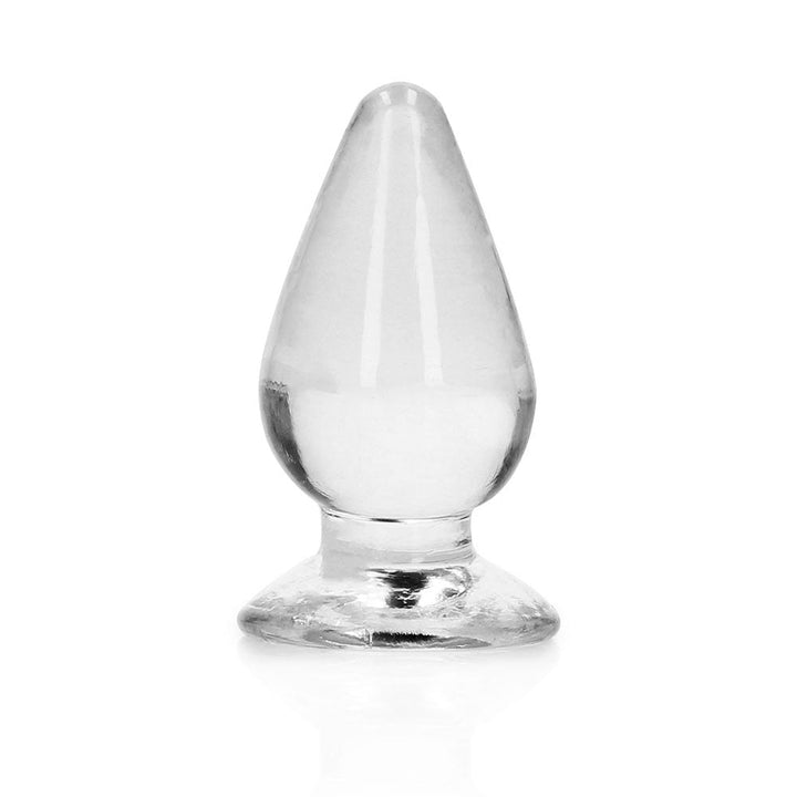 Clear 4.5-inch tapered anal plug with suction cup base for hands-free use, made of body-safe TPE material.
