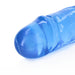 Close-up of the blue crystal clear double-ended dildo tip with smooth, realistic texture.
