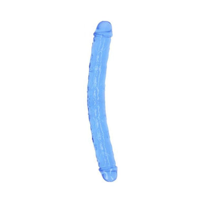Blue translucent double-ended dildo with realistic texture and curved design.