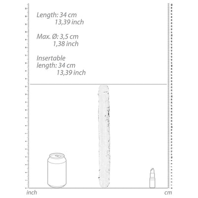 Clear double-ended dildo with measurements and size comparison to a soda can and lipstick on white background.