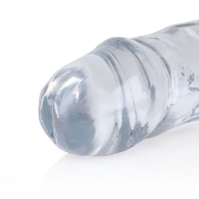 Close-up of the clear, textured tip of the Realrock Crystal Clear Double Dong dual-ended dildo.