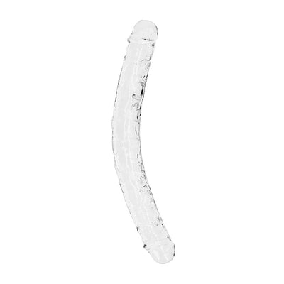 Clear dual-ended dildo with realistic texture and curved design for versatile use.