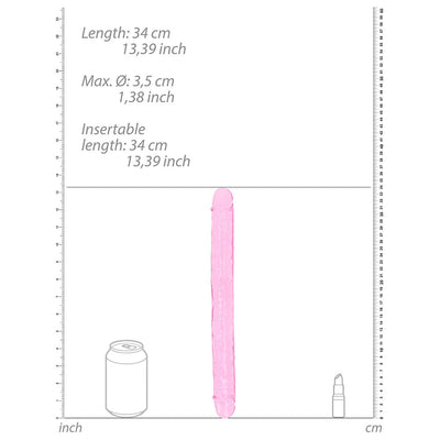 Pink translucent double-ended dildo with length and diameter measurements shown alongside soda can and lipstick for scale.